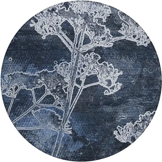 8' Navy Blue And Ivory Round Floral Washable Indoor Outdoor Area Rug Photo 2