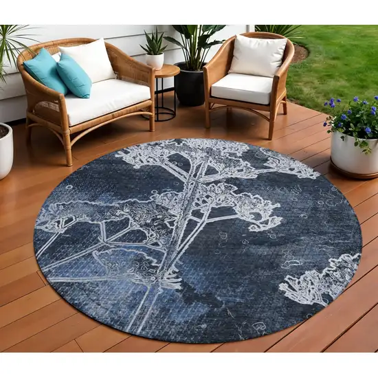 8' Navy Blue And Ivory Round Floral Washable Indoor Outdoor Area Rug Photo 1