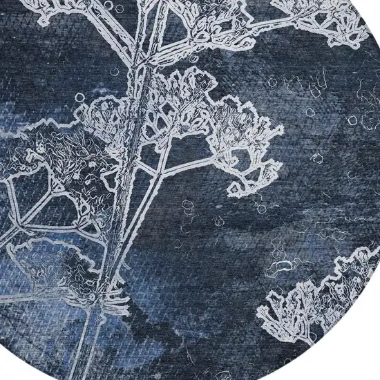 8' Navy Blue And Ivory Round Floral Washable Indoor Outdoor Area Rug Photo 9