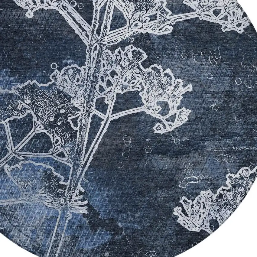 8' Navy Blue And Ivory Round Floral Washable Indoor Outdoor Area Rug Photo 9