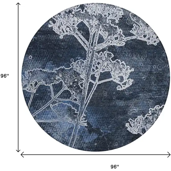 8' Navy Blue And Ivory Round Floral Washable Indoor Outdoor Area Rug Photo 3