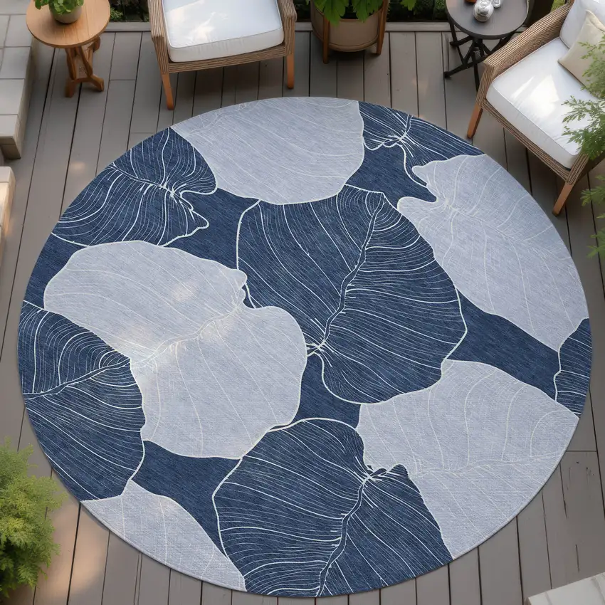 8' Navy Blue And Ivory Round Floral Washable Indoor Outdoor Area Rug Photo 3