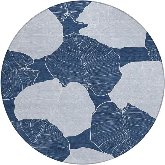 8' Navy Blue And Ivory Round Floral Washable Indoor Outdoor Area Rug Photo 5