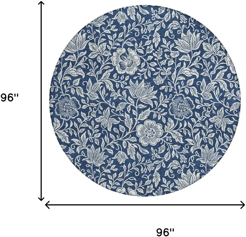 8' Navy Blue And Ivory Round Floral Washable Indoor Outdoor Area Rug Photo 6