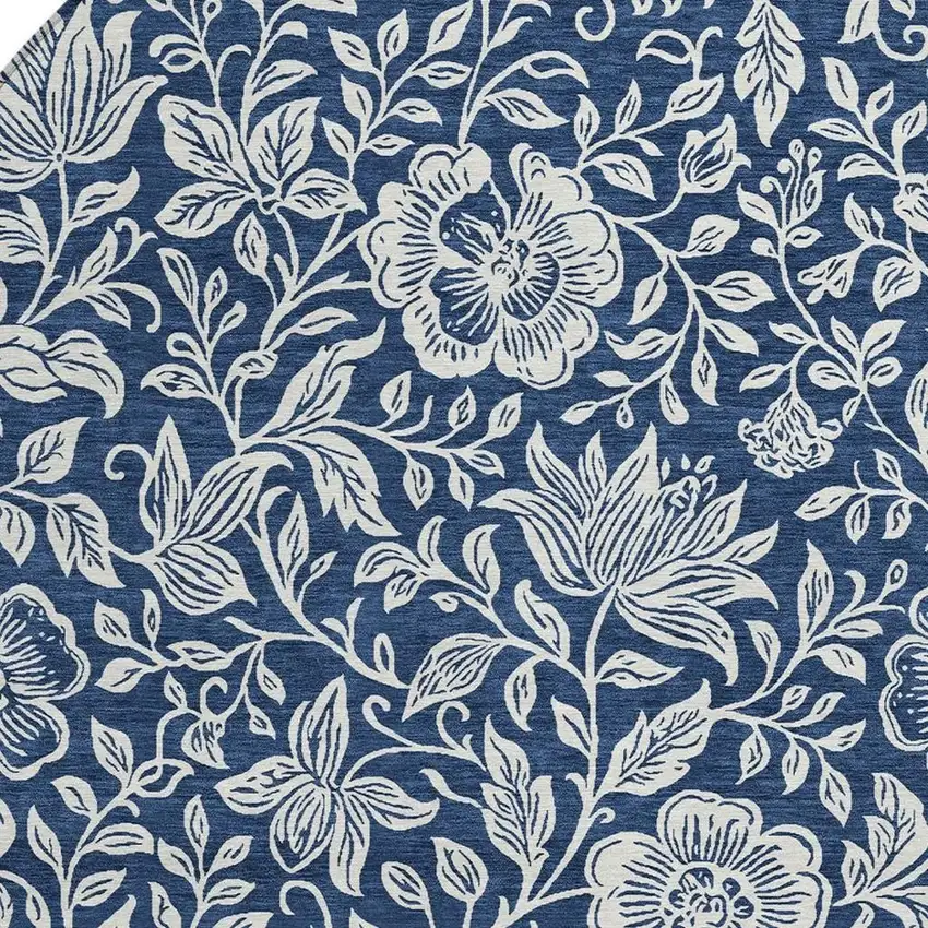 8' Navy Blue And Ivory Round Floral Washable Indoor Outdoor Area Rug Photo 2