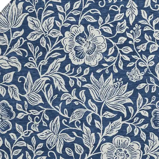 8' Navy Blue And Ivory Round Floral Washable Indoor Outdoor Area Rug Photo 2
