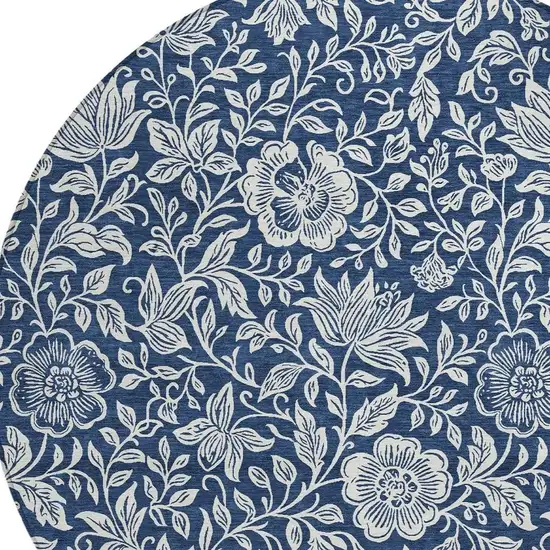 8' Navy Blue And Ivory Round Floral Washable Indoor Outdoor Area Rug Photo 3