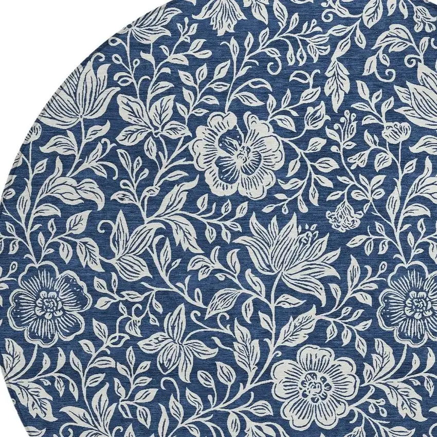 8' Navy Blue And Ivory Round Floral Washable Indoor Outdoor Area Rug Photo 3