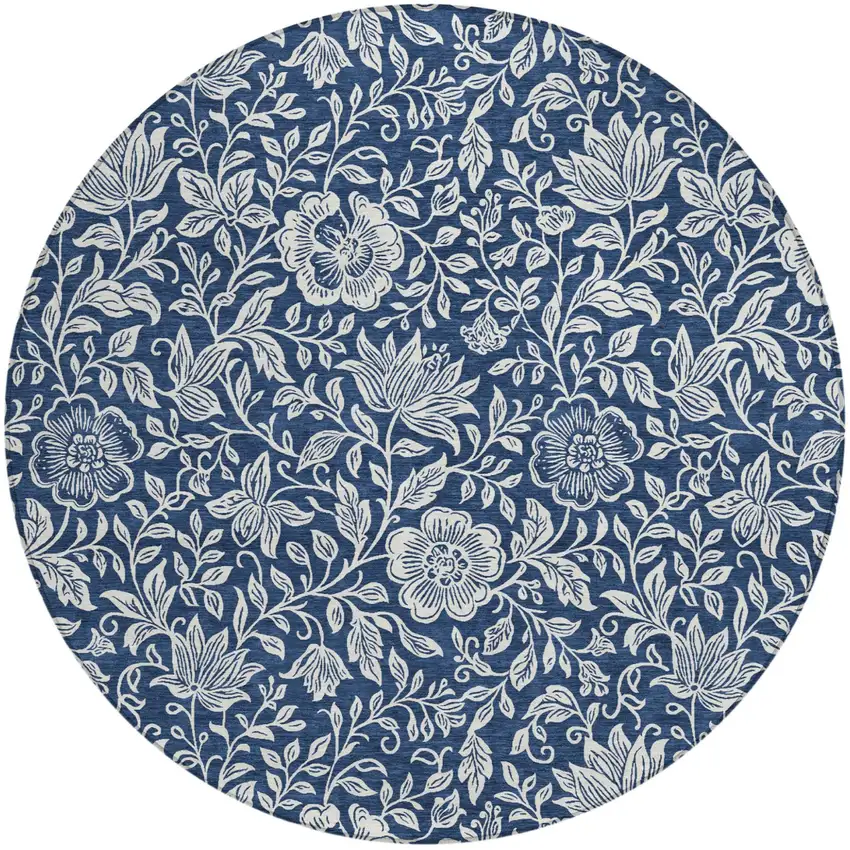 8' Navy Blue And Ivory Round Floral Washable Indoor Outdoor Area Rug Photo 1