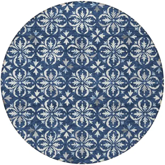 8' Navy Blue And Ivory Round Floral Washable Indoor Outdoor Area Rug Photo 4