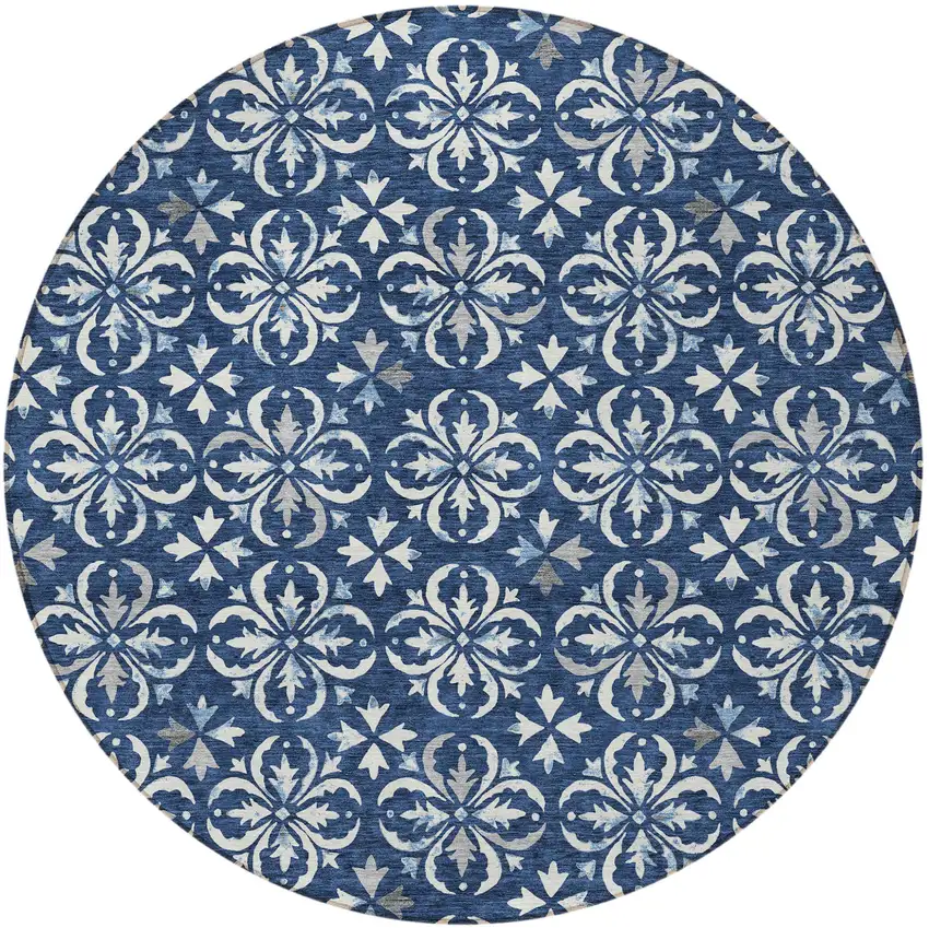 8' Navy Blue And Ivory Round Floral Washable Indoor Outdoor Area Rug Photo 4