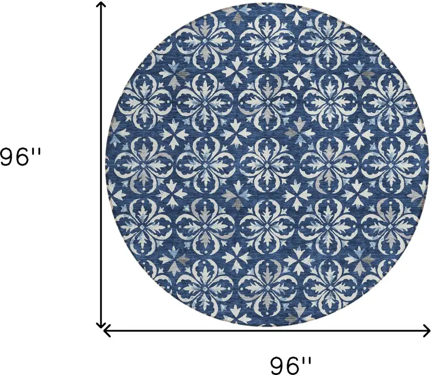 8' Navy Blue And Ivory Round Floral Washable Indoor Outdoor Area Rug Photo 3