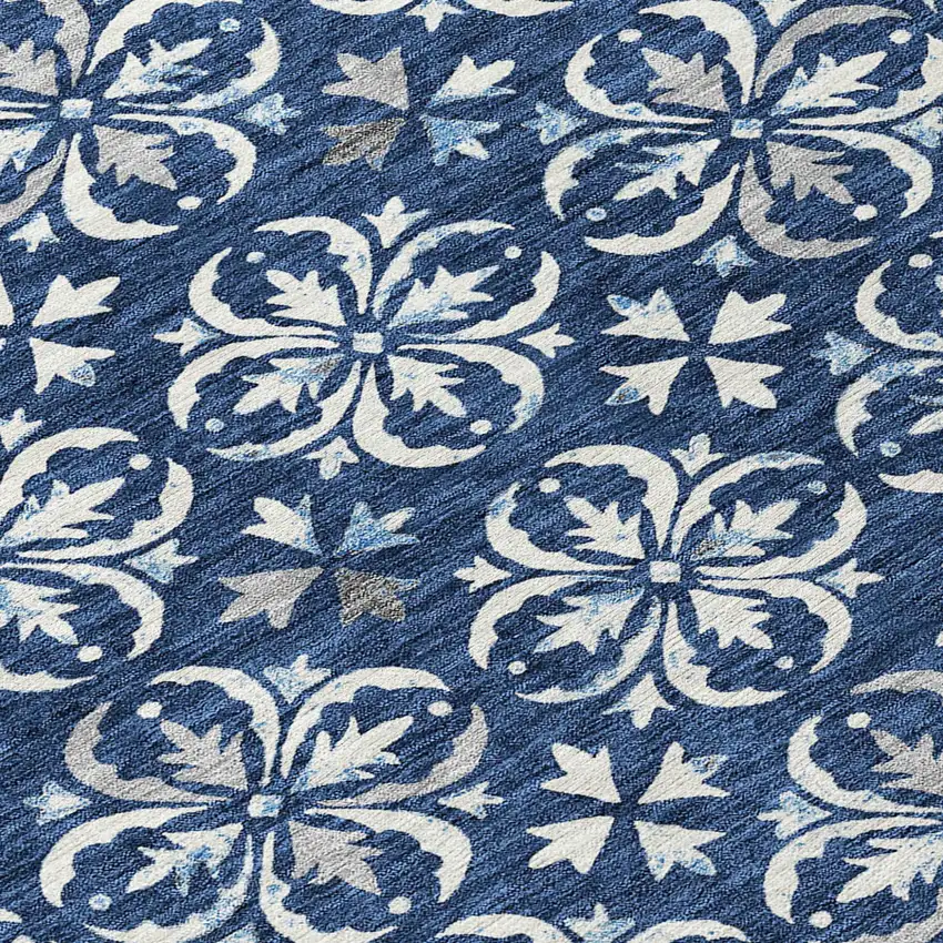 8' Navy Blue And Ivory Round Floral Washable Indoor Outdoor Area Rug Photo 7