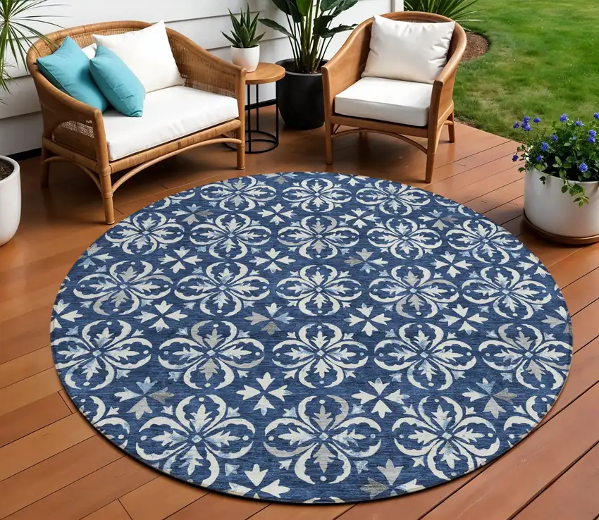 8' Navy Blue And Ivory Round Floral Washable Indoor Outdoor Area Rug Photo 1