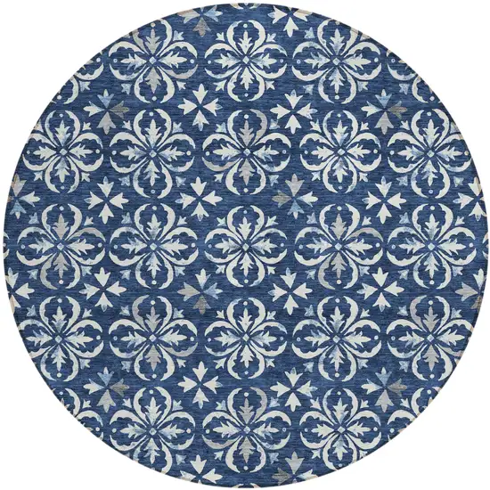8' Navy Blue And Ivory Round Floral Washable Indoor Outdoor Area Rug Photo 2