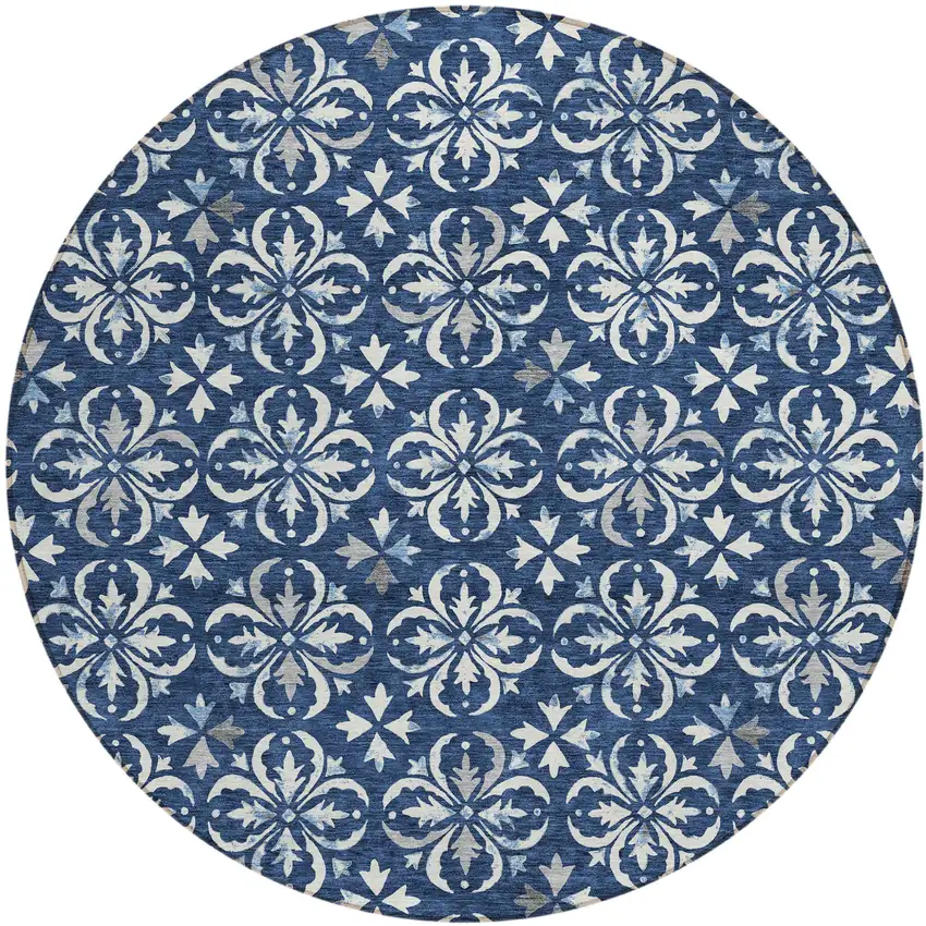 8' Navy Blue And Ivory Round Floral Washable Indoor Outdoor Area Rug Photo 2