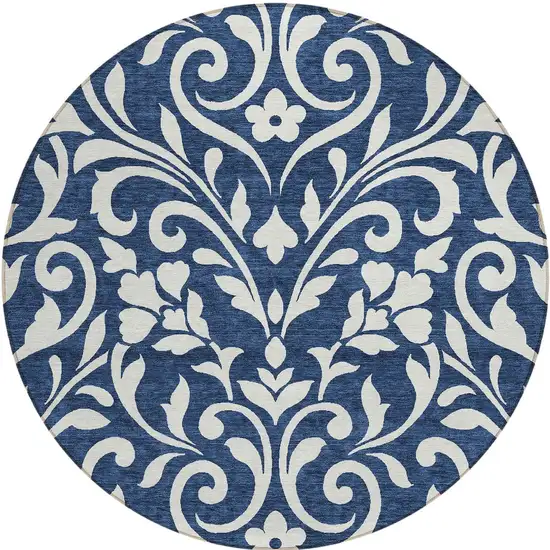 8' Navy Blue And Ivory Round Floral Washable Indoor Outdoor Area Rug Photo 5