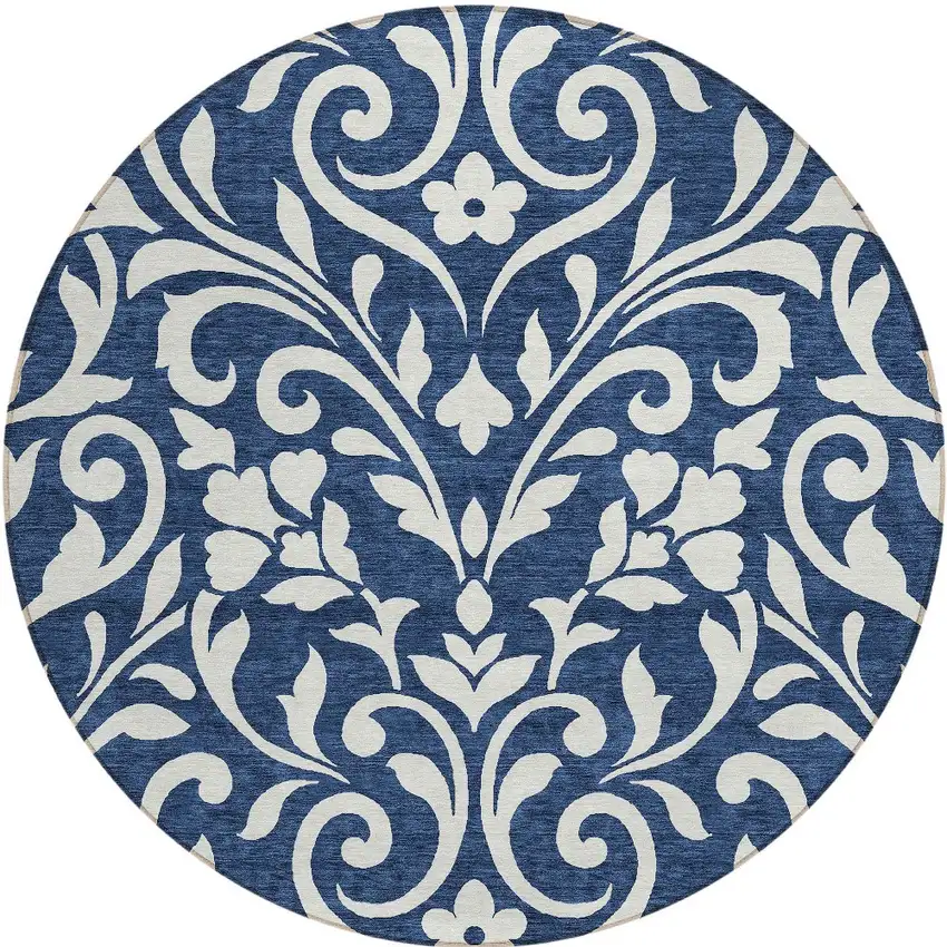8' Navy Blue And Ivory Round Floral Washable Indoor Outdoor Area Rug Photo 5