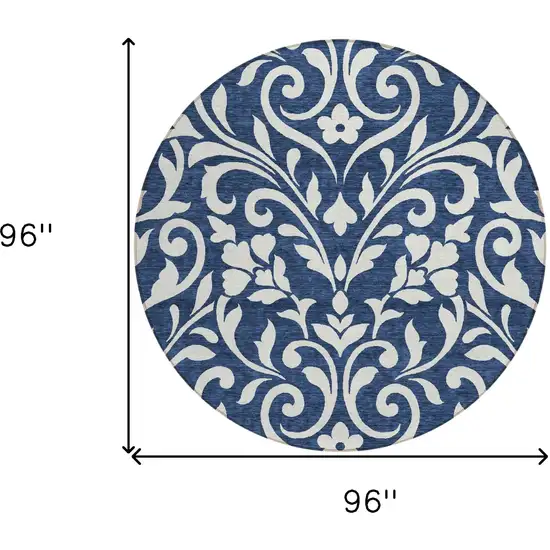 8' Navy Blue And Ivory Round Floral Washable Indoor Outdoor Area Rug Photo 3