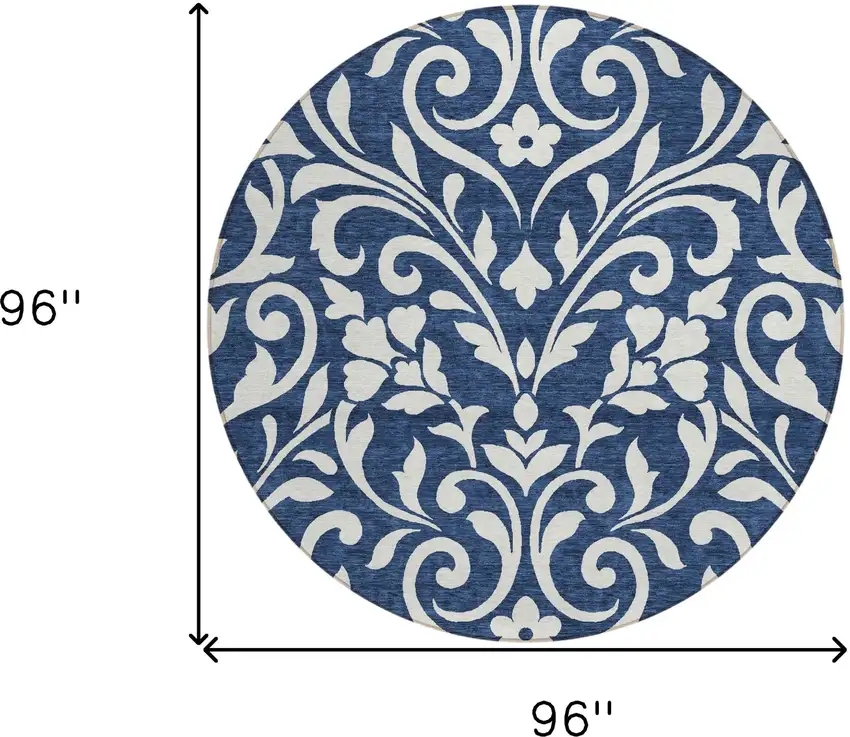 8' Navy Blue And Ivory Round Floral Washable Indoor Outdoor Area Rug Photo 3
