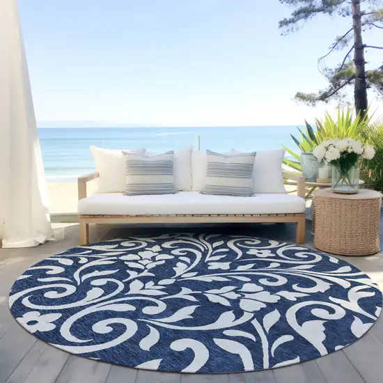 8' Navy Blue And Ivory Round Floral Washable Indoor Outdoor Area Rug Photo 6
