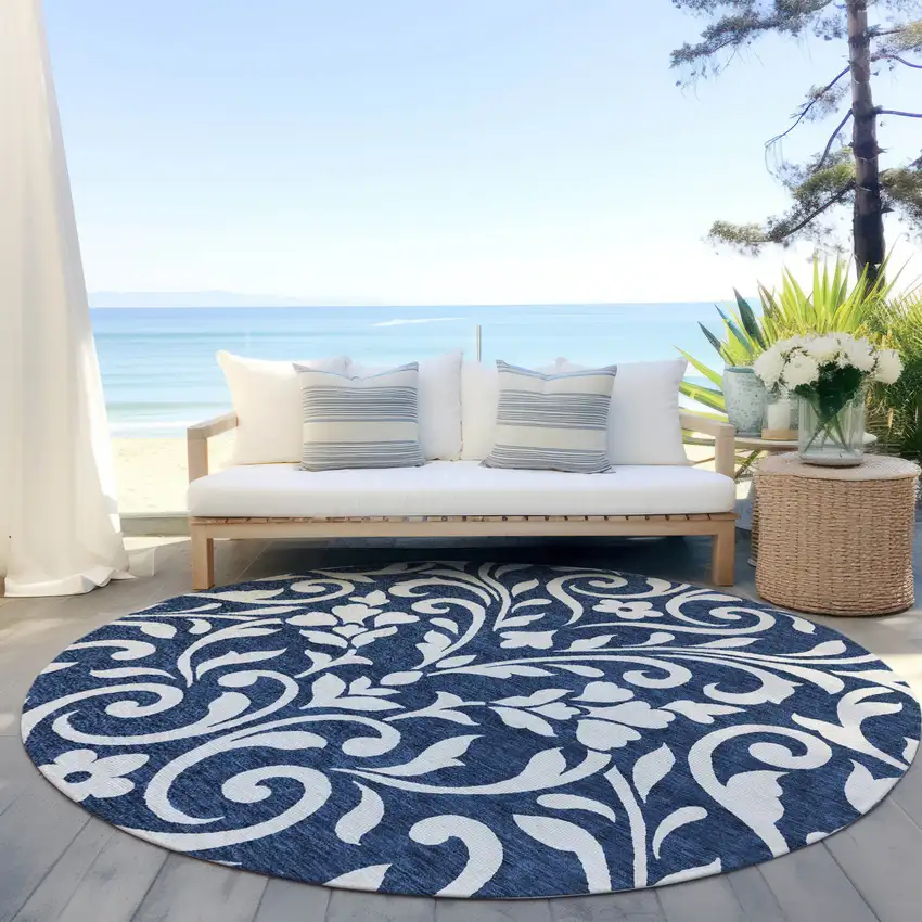 8' Navy Blue And Ivory Round Floral Washable Indoor Outdoor Area Rug Photo 6