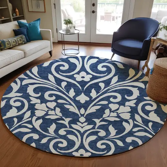 8' Navy Blue And Ivory Round Floral Washable Indoor Outdoor Area Rug Photo 7