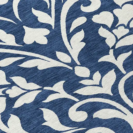 8' Navy Blue And Ivory Round Floral Washable Indoor Outdoor Area Rug Photo 8