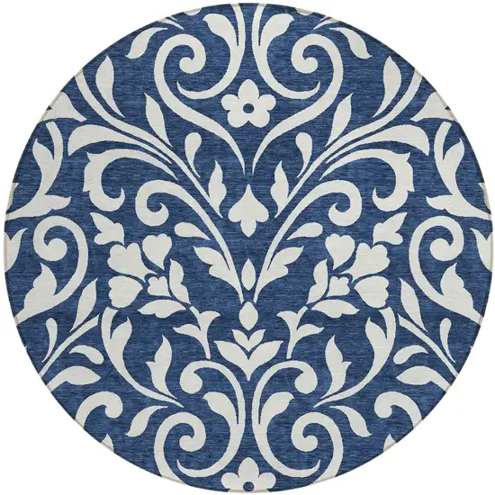 8' Navy Blue And Ivory Round Floral Washable Indoor Outdoor Area Rug Photo 2