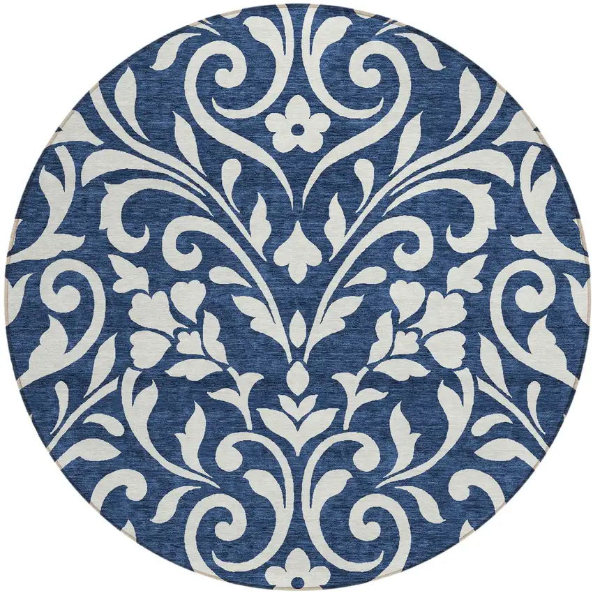 8' Navy Blue And Ivory Round Floral Washable Indoor Outdoor Area Rug Photo 2