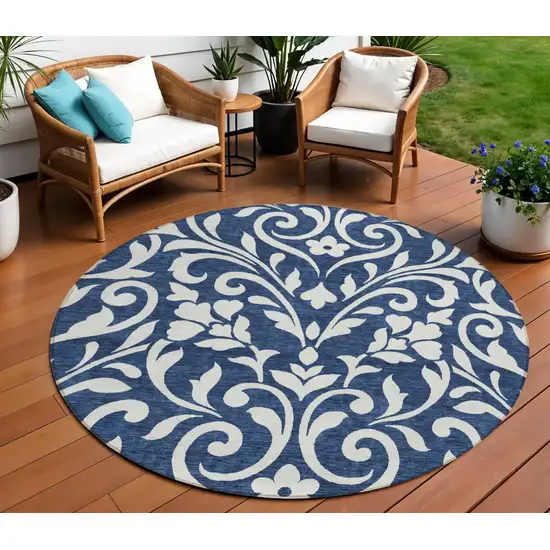 8' Navy Blue And Ivory Round Floral Washable Indoor Outdoor Area Rug Photo 1