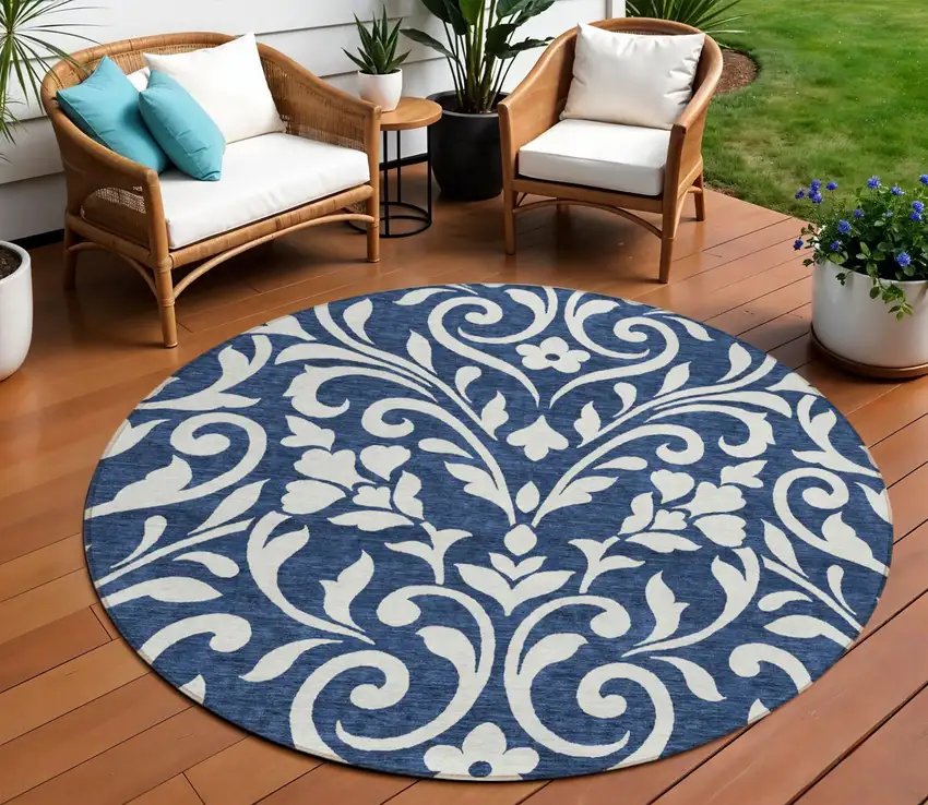 8' Navy Blue And Ivory Round Floral Washable Indoor Outdoor Area Rug Photo 1