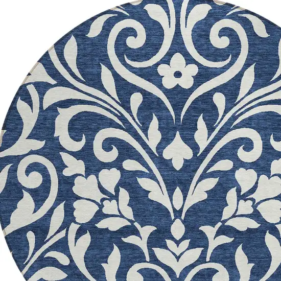 8' Navy Blue And Ivory Round Floral Washable Indoor Outdoor Area Rug Photo 4