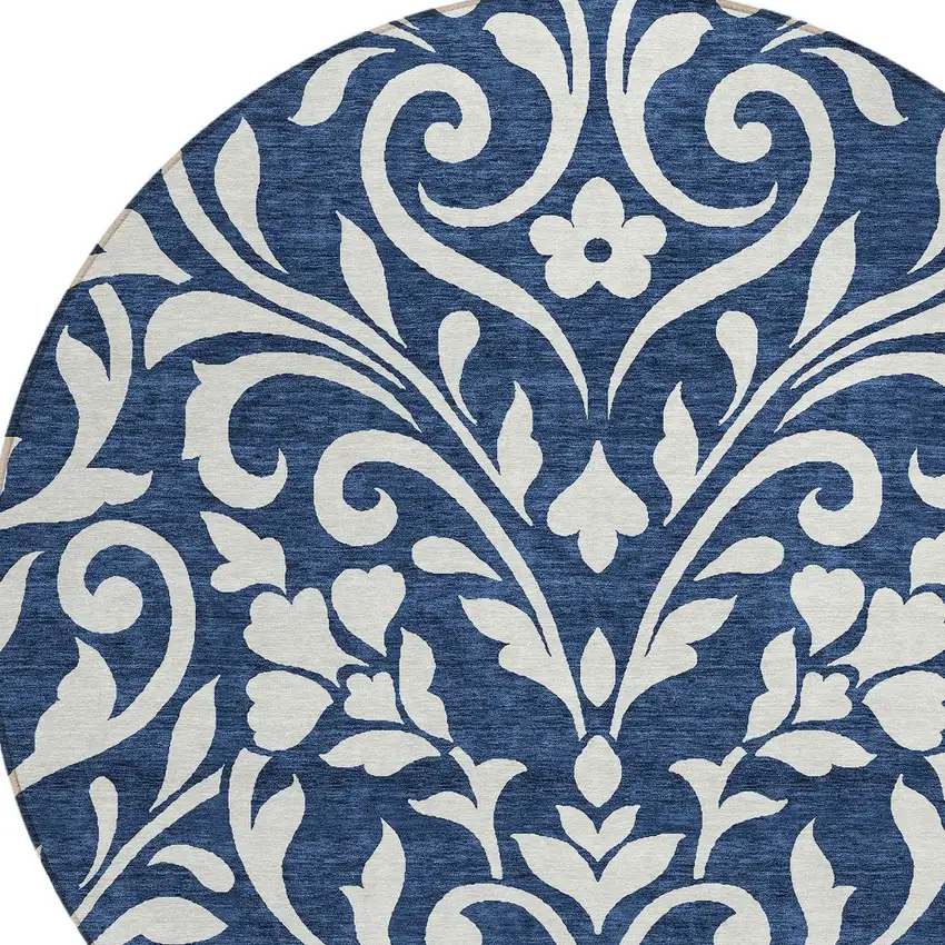 8' Navy Blue And Ivory Round Floral Washable Indoor Outdoor Area Rug Photo 4