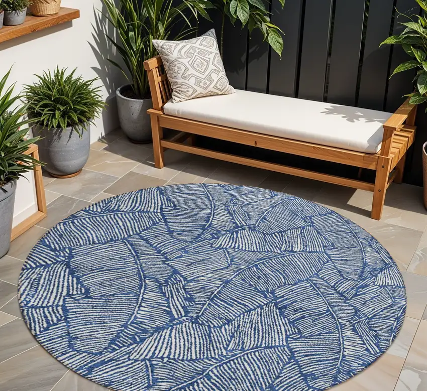 8' Navy Blue And Ivory Round Floral Washable Indoor Outdoor Area Rug Photo 1