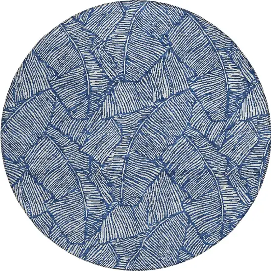 8' Navy Blue And Ivory Round Floral Washable Indoor Outdoor Area Rug Photo 6