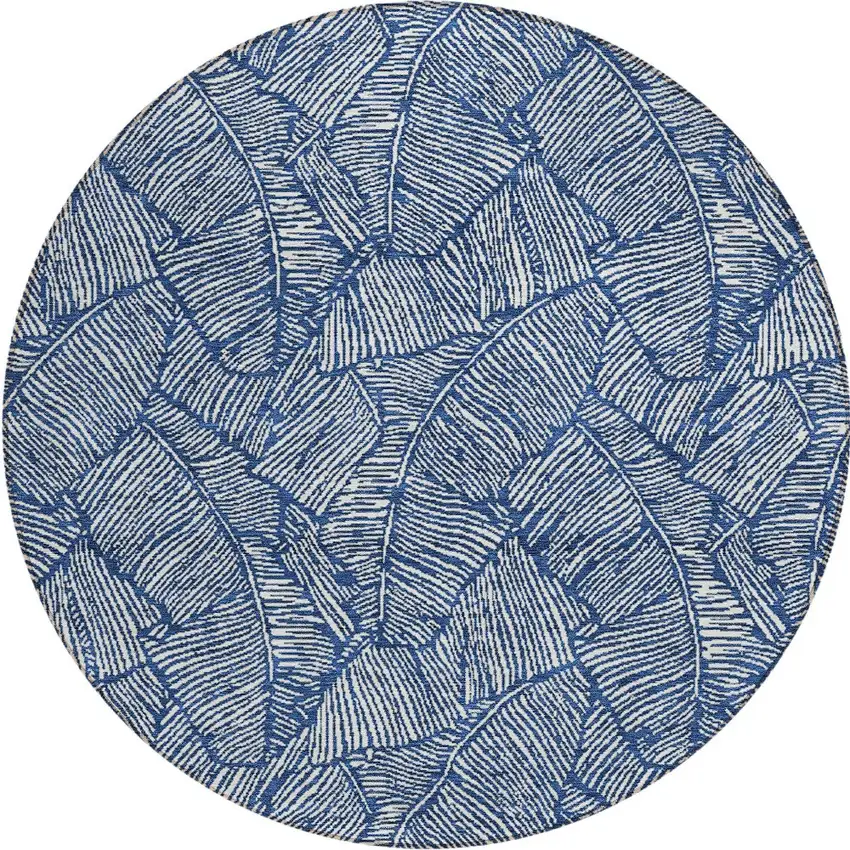8' Navy Blue And Ivory Round Floral Washable Indoor Outdoor Area Rug Photo 6