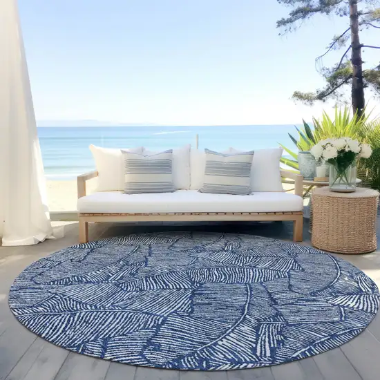 8' Navy Blue And Ivory Round Floral Washable Indoor Outdoor Area Rug Photo 7