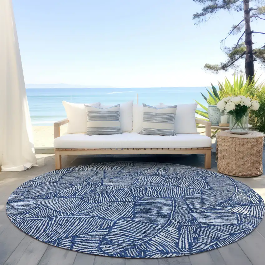 8' Navy Blue And Ivory Round Floral Washable Indoor Outdoor Area Rug Photo 7