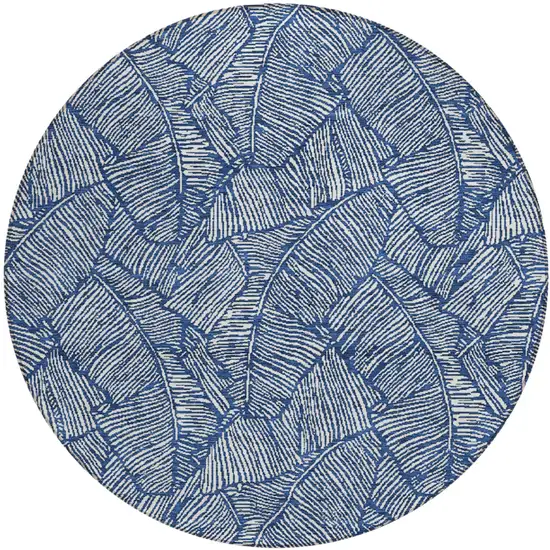 8' Navy Blue And Ivory Round Floral Washable Indoor Outdoor Area Rug Photo 2