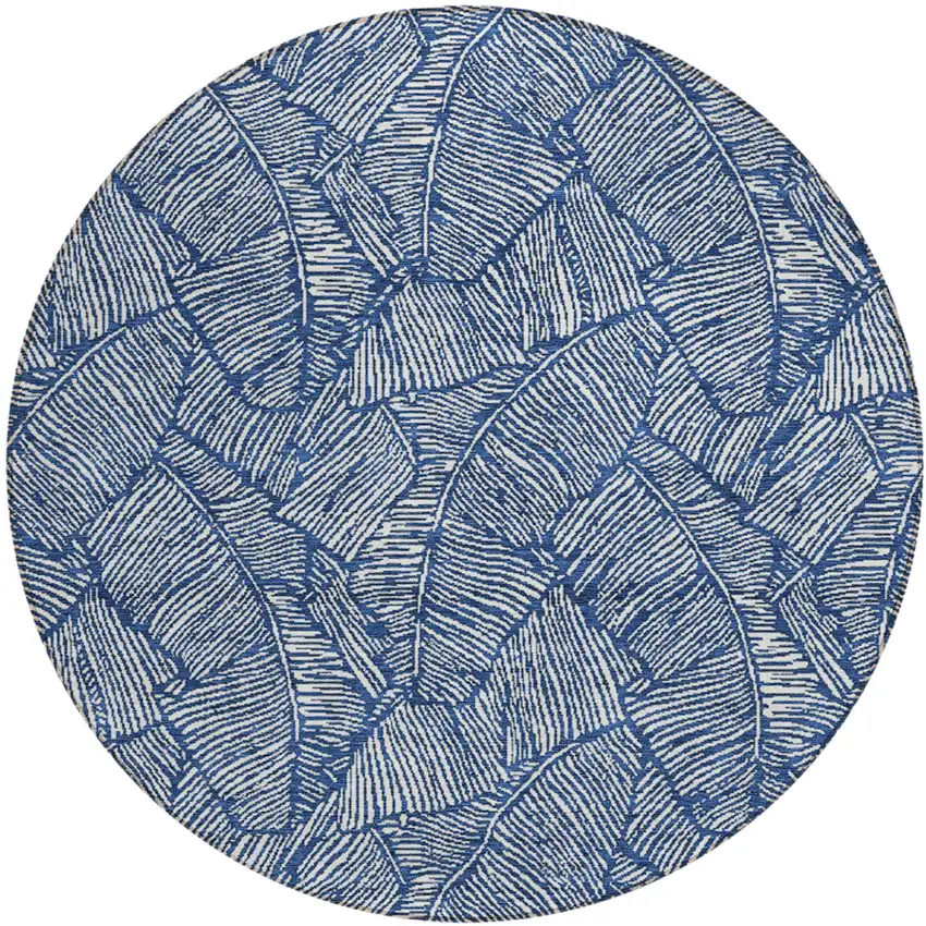 8' Navy Blue And Ivory Round Floral Washable Indoor Outdoor Area Rug Photo 2