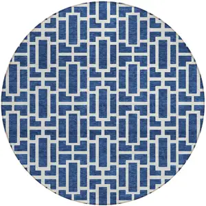 Photo of 8' Navy Blue And Ivory Round Geometric Washable Indoor Outdoor Area Rug