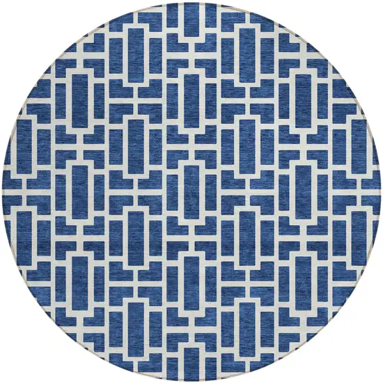 8' Navy Blue And Ivory Round Geometric Washable Indoor Outdoor Area Rug Photo 1