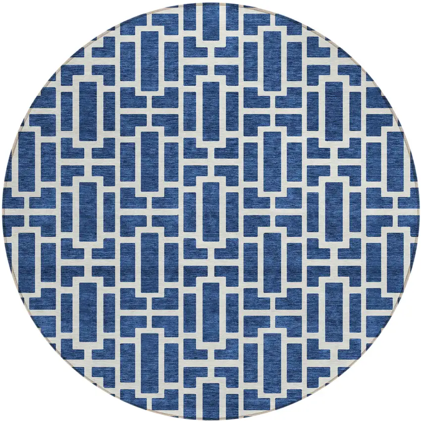 8' Navy Blue And Ivory Round Geometric Washable Indoor Outdoor Area Rug Photo 1