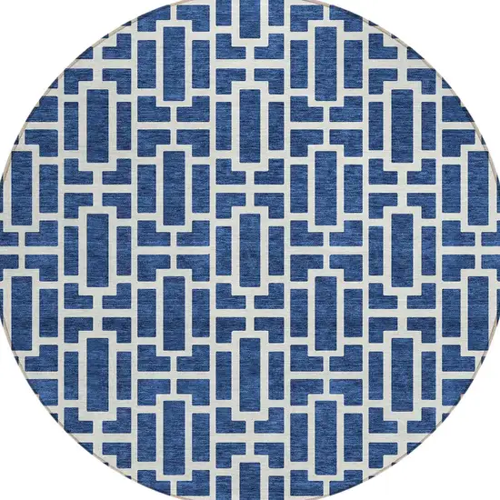 8' Navy Blue And Ivory Round Geometric Washable Indoor Outdoor Area Rug Photo 4