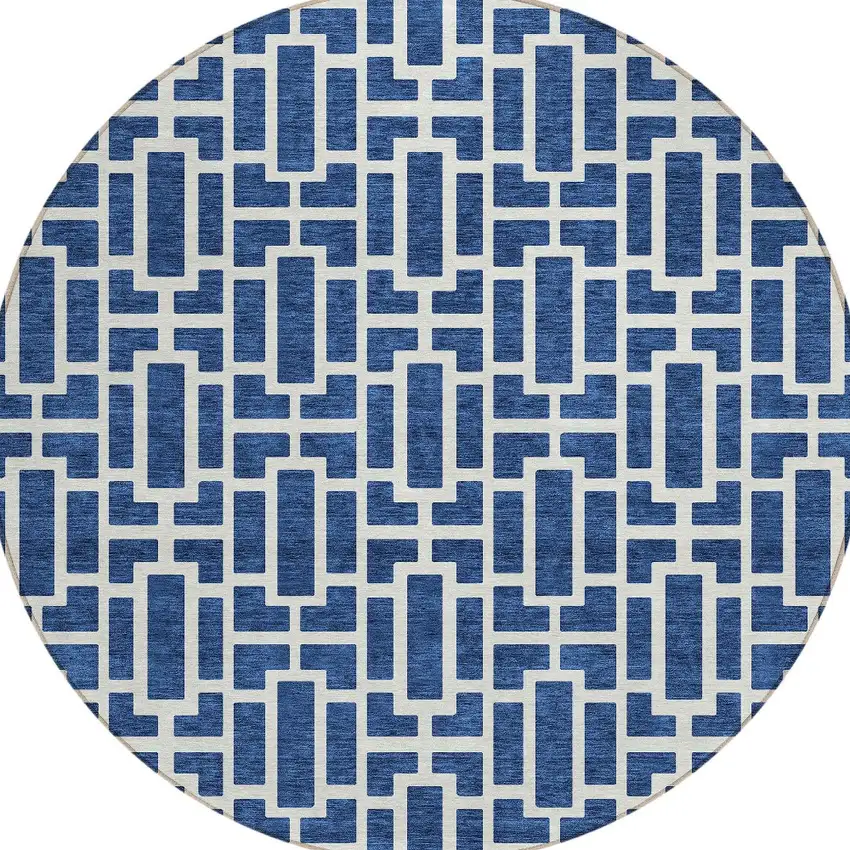 8' Navy Blue And Ivory Round Geometric Washable Indoor Outdoor Area Rug Photo 4