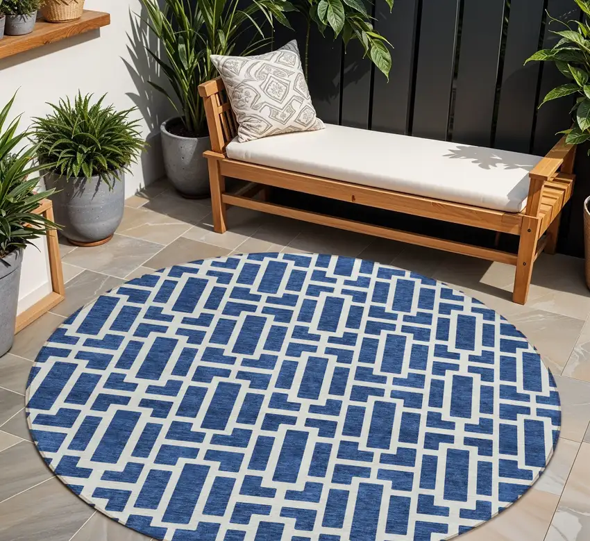 8' Navy Blue And Ivory Round Geometric Washable Indoor Outdoor Area Rug Photo 8
