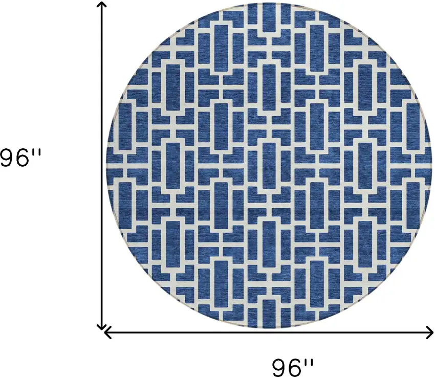 8' Navy Blue And Ivory Round Geometric Washable Indoor Outdoor Area Rug Photo 7