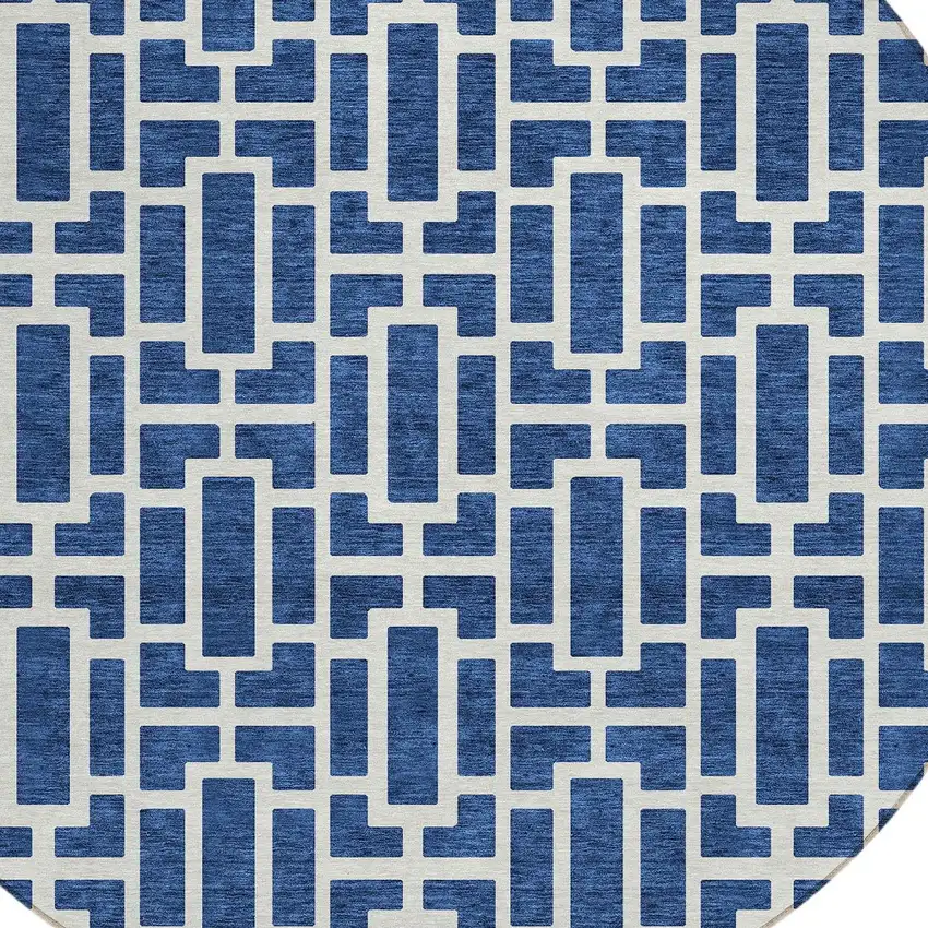 8' Navy Blue And Ivory Round Geometric Washable Indoor Outdoor Area Rug Photo 3