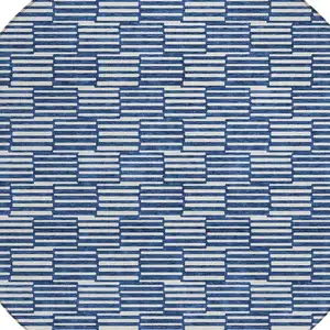 Photo of 8' Navy Blue And Ivory Round Geometric Washable Indoor Outdoor Area Rug